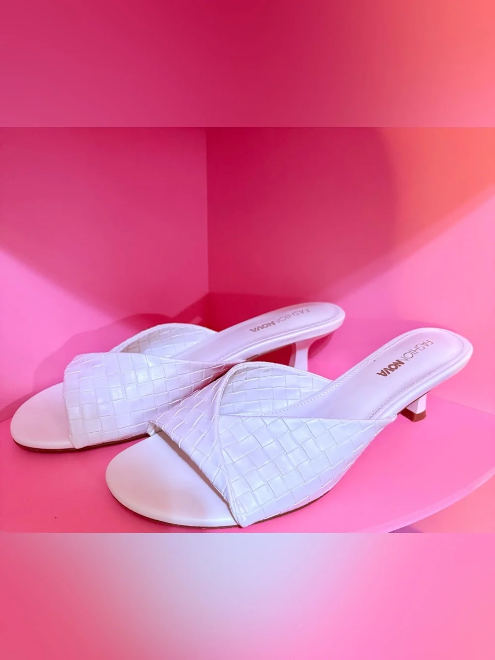 Fashion Nova White Woven Slip-On Kitten Heel Mules